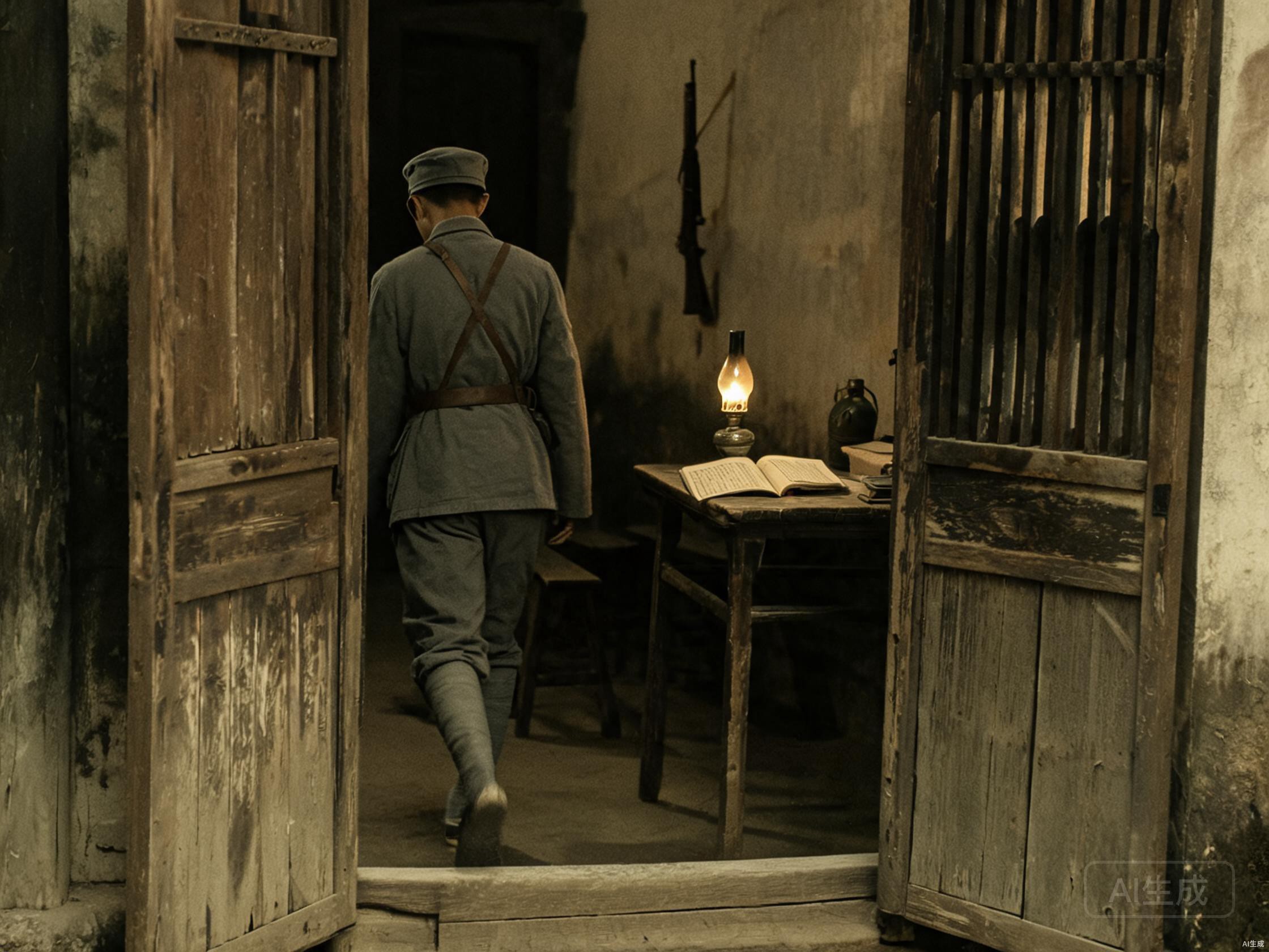 兵营门口，年轻士兵背影