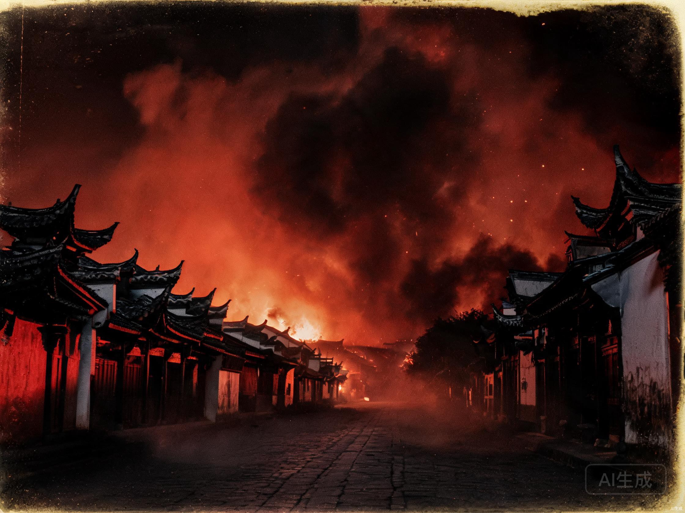 凤羽街夜火，空无一人的街道